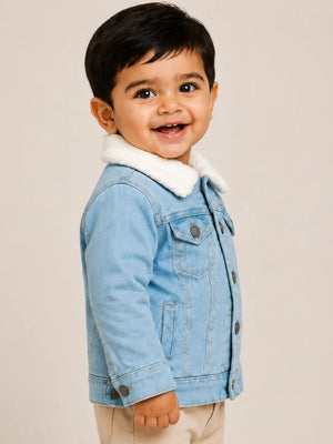 BloomUp Light Blue Denim Fur Collar Jacket for Kids – Premium Winter Wear Warm Cotton Denim Jacket