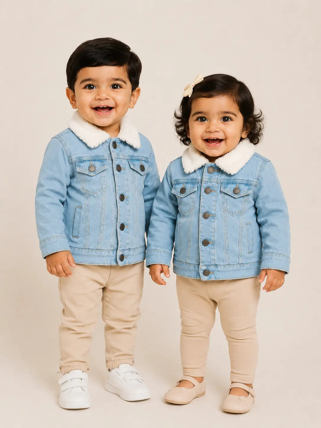 BloomUp Light Blue Denim Fur Collar Jacket for Kids – Premium Winter Wear Warm Cotton Denim Jacket