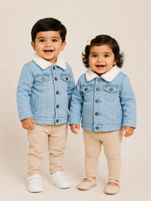 BloomUp Light Blue Denim Fur Collar Jacket for Kids – Premium Winter Wear Warm Cotton Denim Jacket