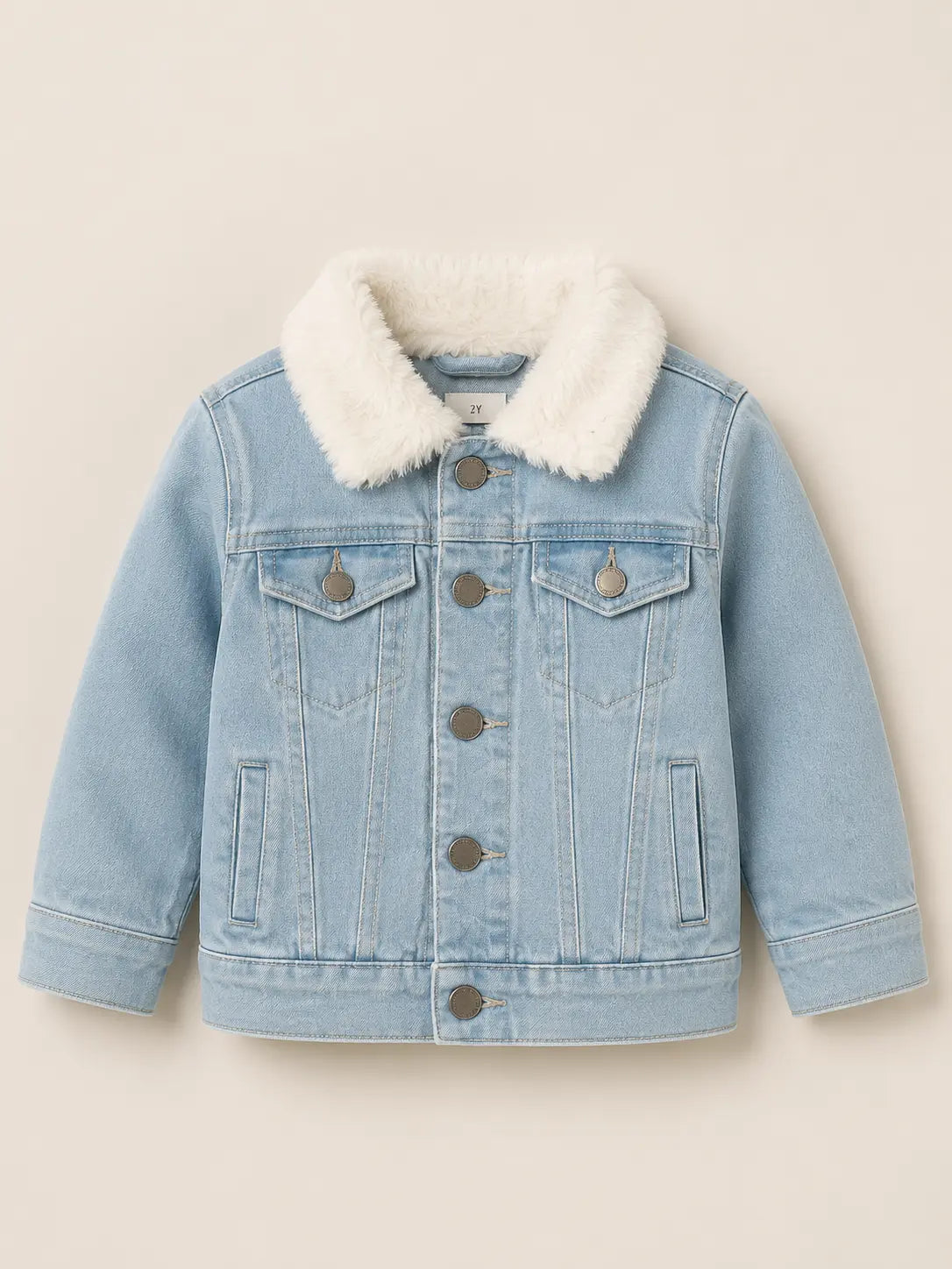 BloomUp Light Blue Denim Fur Collar Jacket for Kids – Premium Winter Wear Warm Cotton Denim Jacket