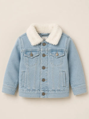 BloomUp Light Blue Denim Fur Collar Jacket for Kids – Premium Winter Wear Warm Cotton Denim Jacket