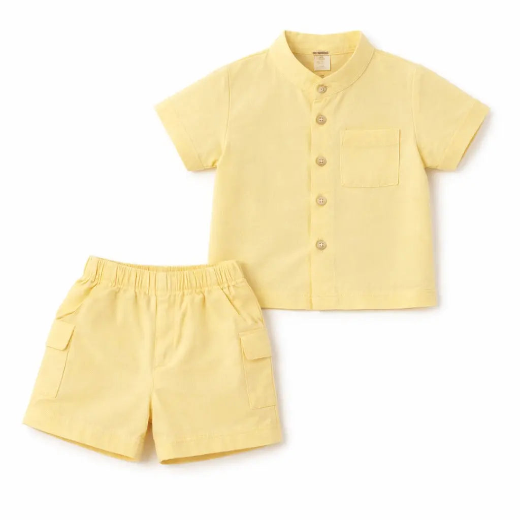 Yellow Solid Kids Co-ord Set – Soft Cotton Shirt & Shorts Summer Wear for Boys BloomUp