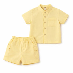 Yellow Solid Kids Co-ord Set – Soft Cotton Shirt & Shorts Summer Wear for Boys BloomUp