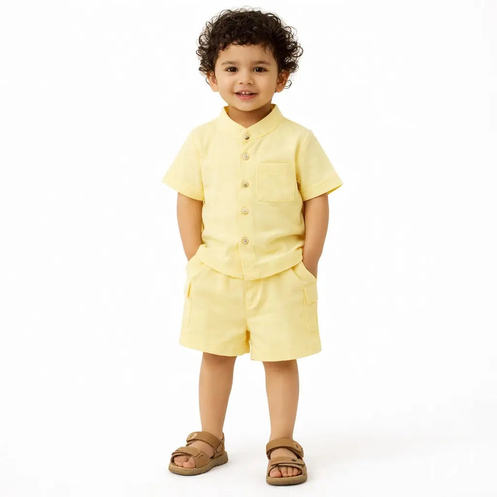 Yellow Solid Kids Co-ord Set – Soft Cotton Shirt & Shorts Summer Wear for Boys BloomUp