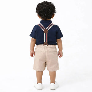 Navy Blue Shirt & Beige Shorts Co-ord Set with Bow Tie & Suspenders – Premium Party Wear for Boys BloomUp