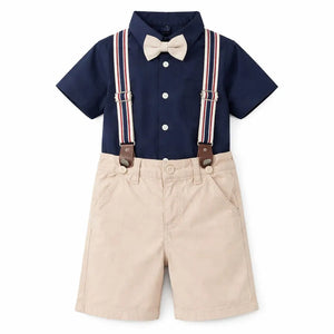 Navy Blue Shirt & Beige Shorts Co-ord Set with Bow Tie & Suspenders – Premium Party Wear for Boys BloomUp