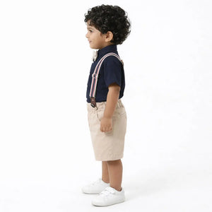 Navy Blue Shirt & Beige Shorts Co-ord Set with Bow Tie & Suspenders – Premium Party Wear for Boys BloomUp