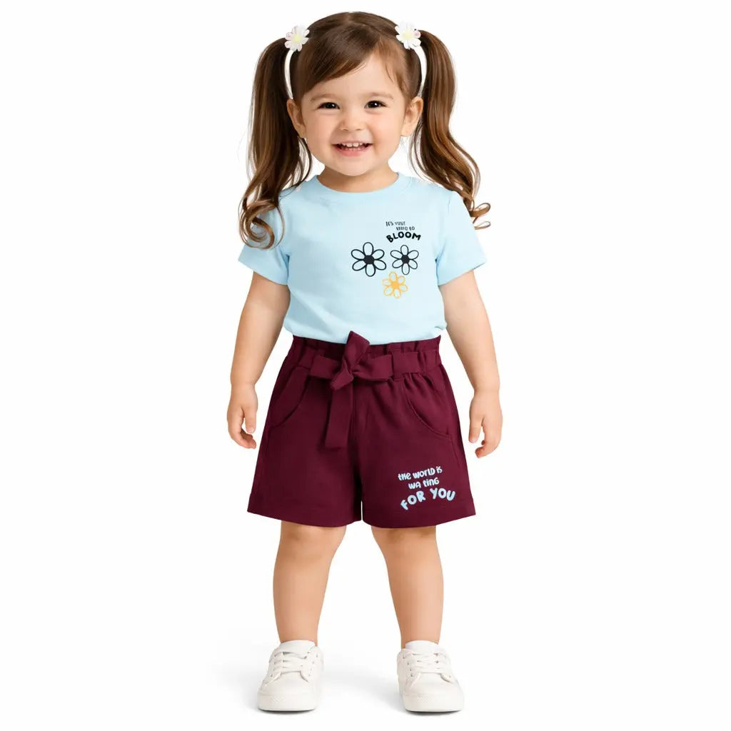 Sky Blue Graphic Top & Maroon Shorts Co-ord Set for Girls – Soft Cotton Summer Wear Kids Outfit BloomUp