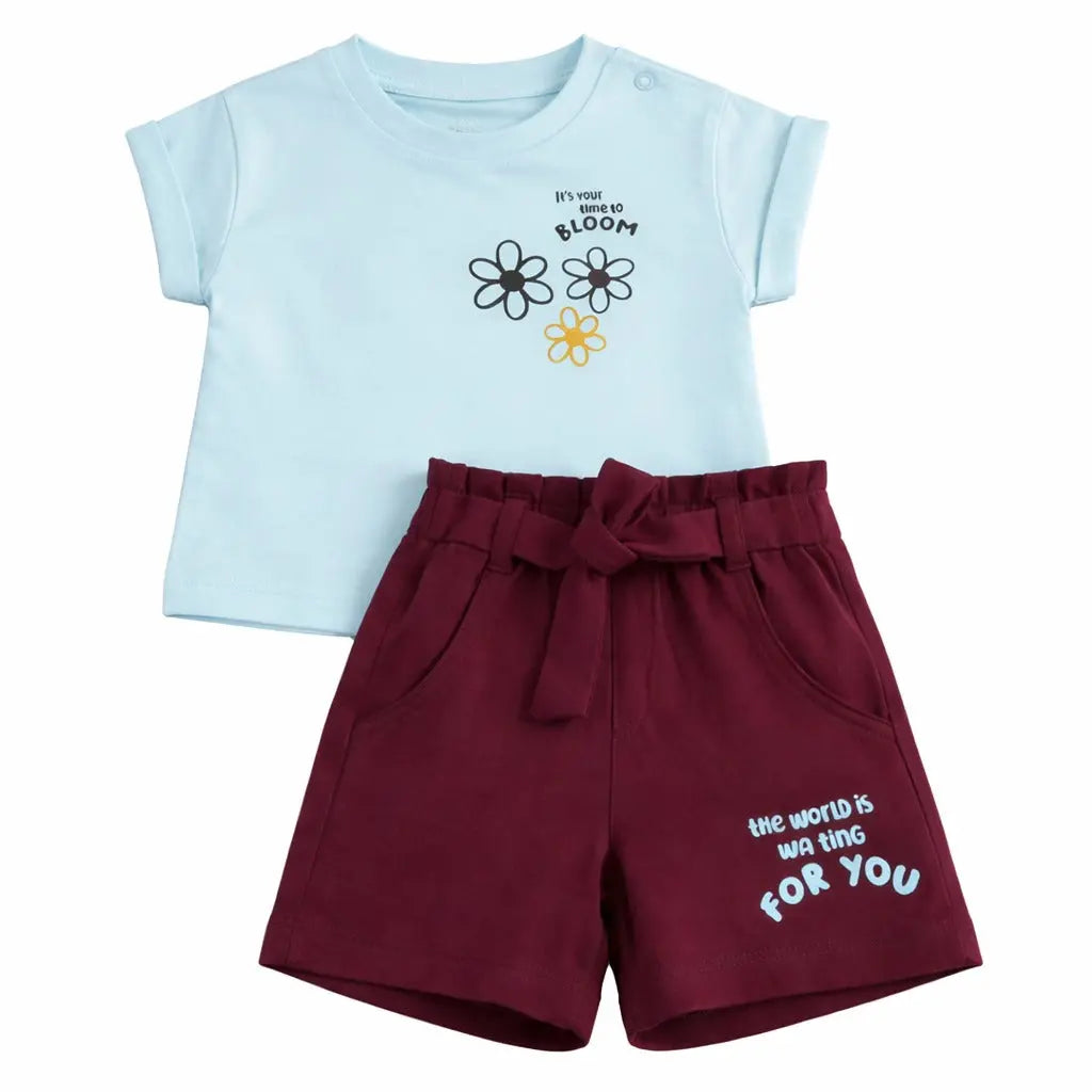 Sky Blue Graphic Top & Maroon Shorts Co-ord Set for Girls – Soft Cotton Summer Wear Kids Outfit BloomUp