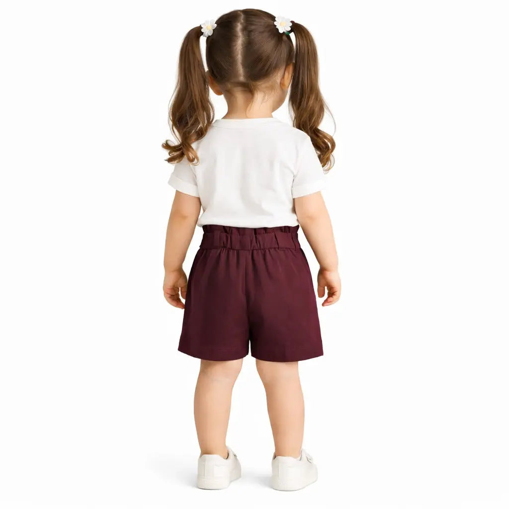 White Graphic Top & Maroon Shorts Co-ord Set for Girls – Soft Cotton Summer Wear Kids Outfit BloomUp
