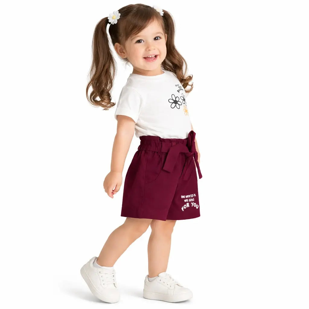 White Graphic Top & Maroon Shorts Co-ord Set for Girls – Soft Cotton Summer Wear Kids Outfit BloomUp