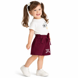 White Graphic Top & Maroon Shorts Co-ord Set for Girls – Soft Cotton Summer Wear Kids Outfit BloomUp