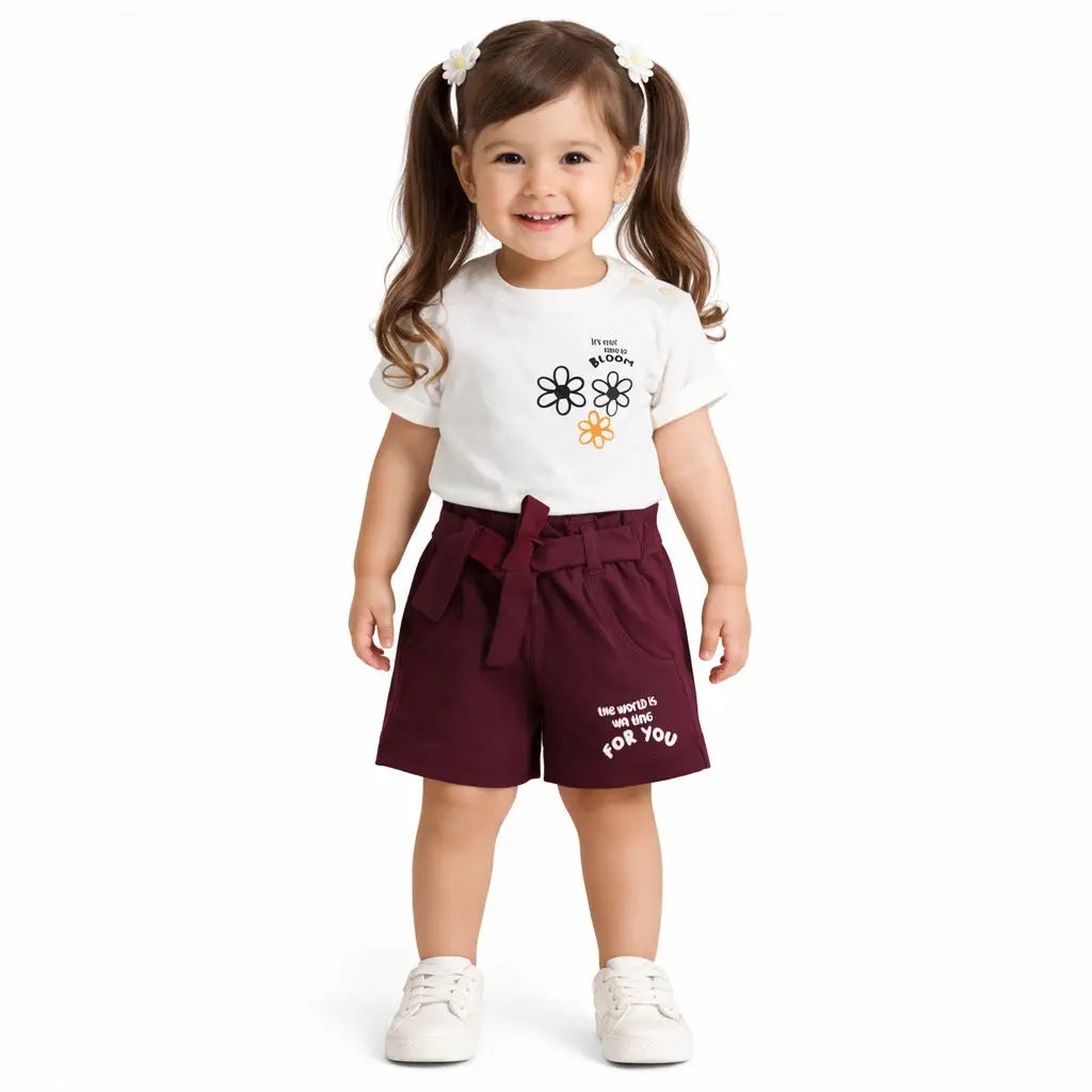 White Graphic Top & Maroon Shorts Co-ord Set for Girls – Soft Cotton Summer Wear Kids Outfit BloomUp