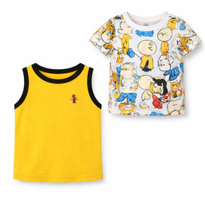 Yellow Sleeveless Tank Top & Cartoon Print Kids T-Shirt Combo – Soft Cotton Summer Wear for Boys BloomUp