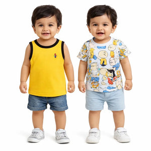 Yellow Sleeveless Tank Top & Cartoon Print Kids T-Shirt Combo – Soft Cotton Summer Wear for Boys BloomUp