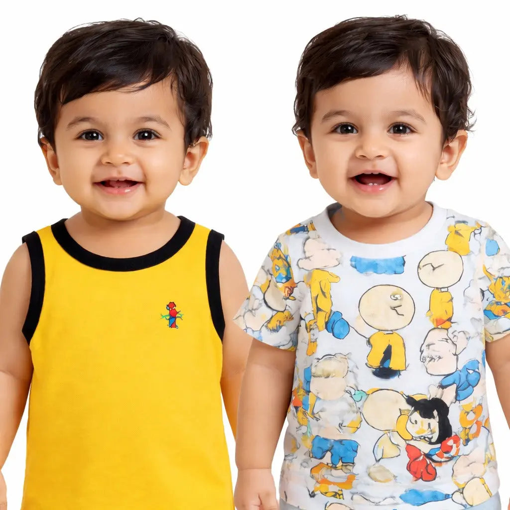 Yellow Sleeveless Tank Top & Cartoon Print Kids T-Shirt Combo – Soft Cotton Summer Wear for Boys BloomUp