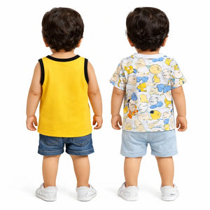 Yellow Sleeveless Tank Top & Cartoon Print Kids T-Shirt Combo – Soft Cotton Summer Wear for Boys BloomUp