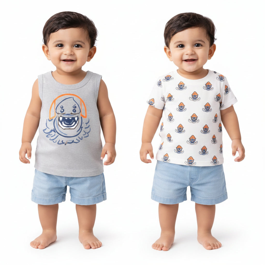 Grey Shark Print Sleeveless Tank Top & All-Over Graphic Kids T-Shirt Combo – Soft Cotton Summer Wear for Boys BloomUp