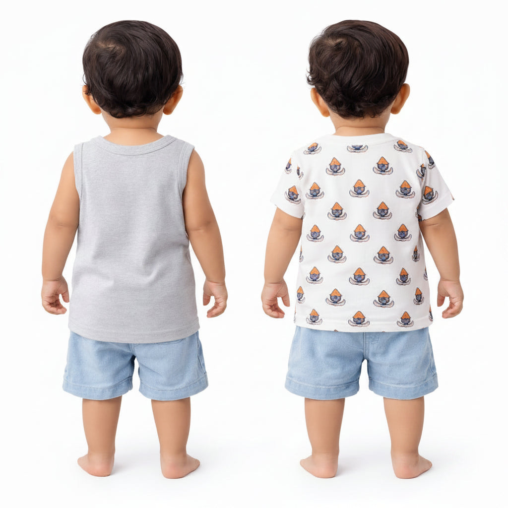 Grey Shark Print Sleeveless Tank Top & All-Over Graphic Kids T-Shirt Combo – Soft Cotton Summer Wear for Boys BloomUp