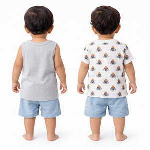Grey Shark Print Sleeveless Tank Top & All-Over Graphic Kids T-Shirt Combo – Soft Cotton Summer Wear for Boys BloomUp