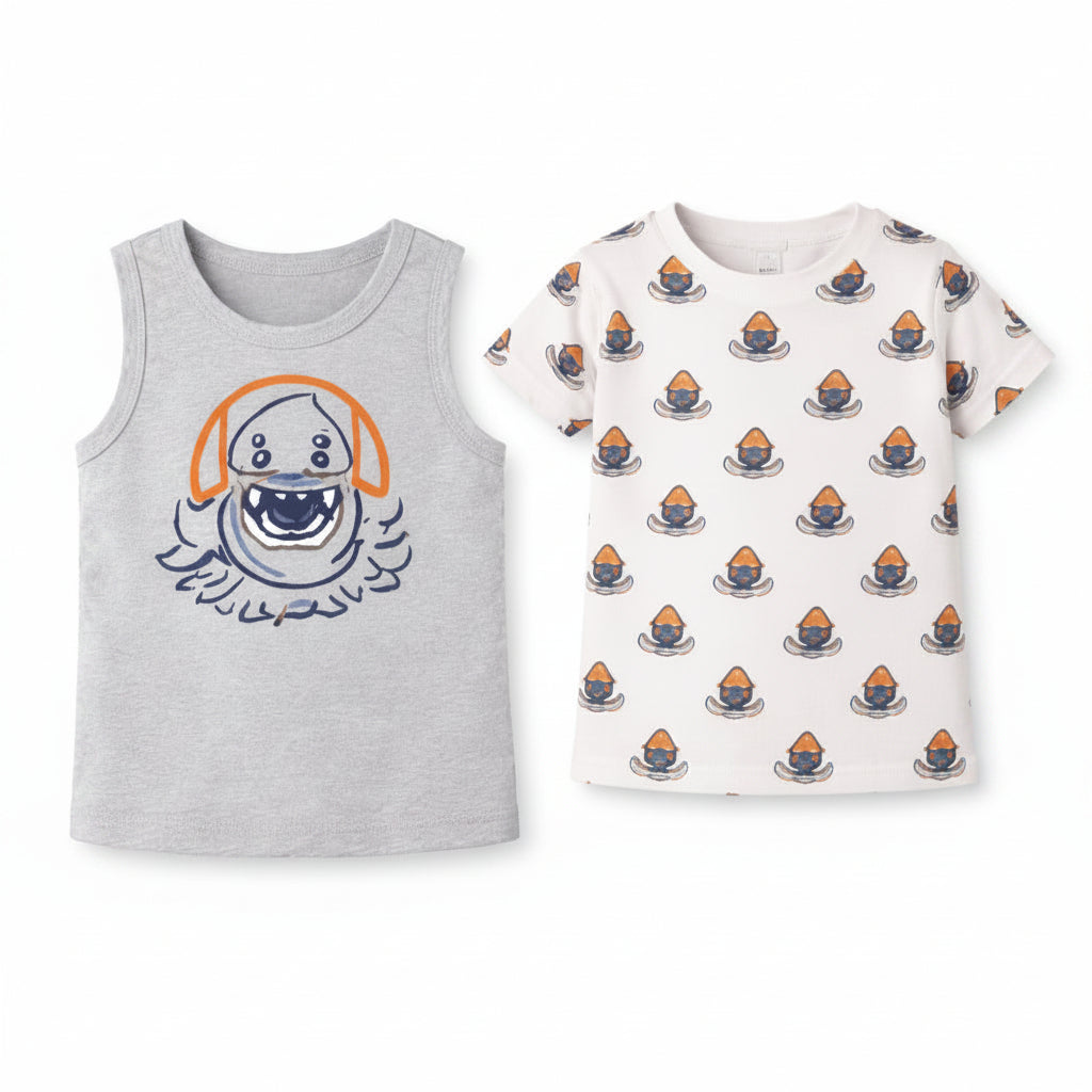 Grey Shark Print Sleeveless Tank Top & All-Over Graphic Kids T-Shirt Combo – Soft Cotton Summer Wear for Boys BloomUp