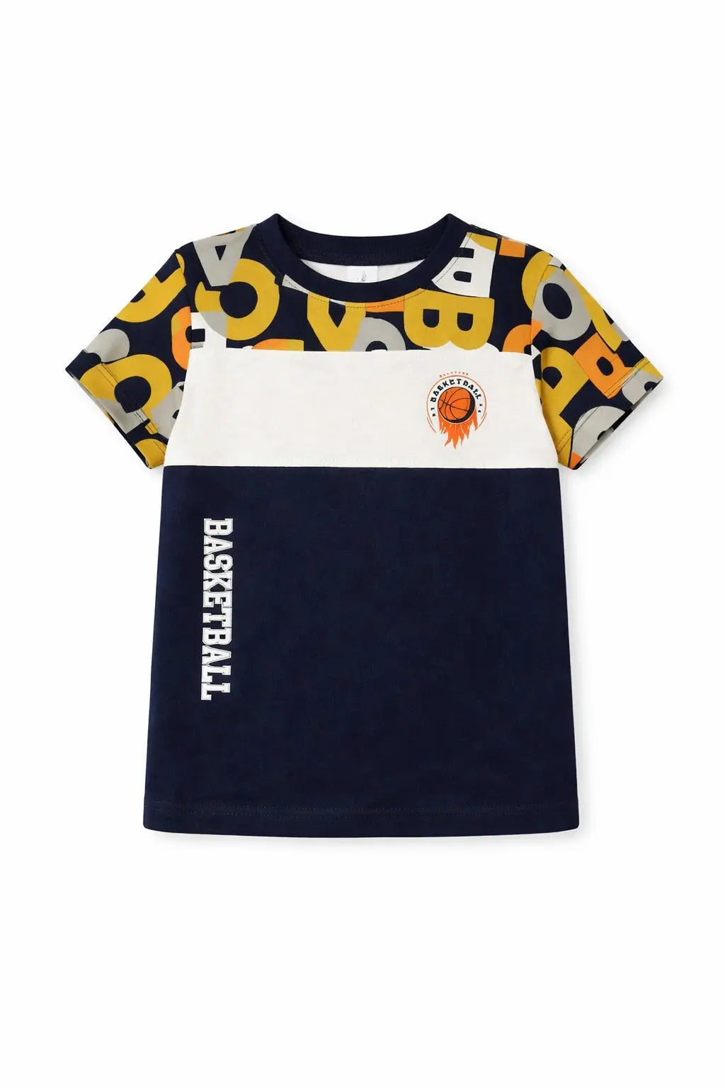 Navy Blue Colorblock Basketball Graphic Kids T-Shirt – Soft Cotton Sporty Summer Wear for Boys BloomUp