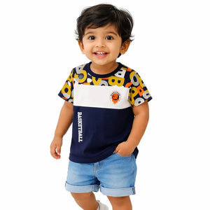Navy Blue Colorblock Basketball Graphic Kids T-Shirt – Soft Cotton Sporty Summer Wear for Boys BloomUp