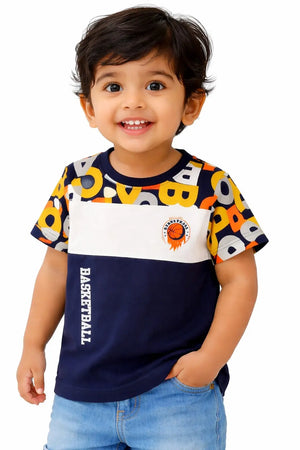Navy Blue Colorblock Basketball Graphic Kids T-Shirt – Soft Cotton Sporty Summer Wear for Boys BloomUp