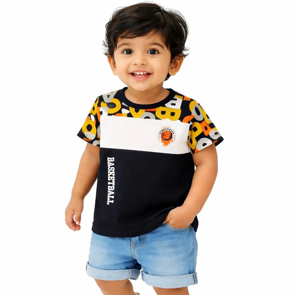 Black Colorblock Basketball Graphic Kids T-Shirt – Soft Cotton Sporty Summer Wear for Boys BloomUp