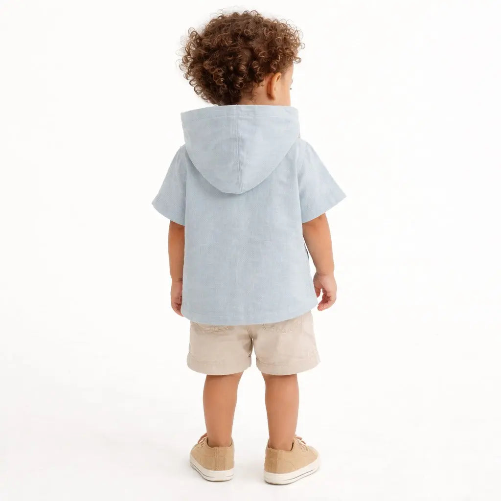 Light Blue Hooded Linen Kids Jacket – Short Sleeve Button-Front Summer Wear for Boys BloomUp
