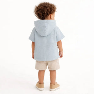 Light Blue Hooded Linen Kids Jacket – Short Sleeve Button-Front Summer Wear for Boys BloomUp