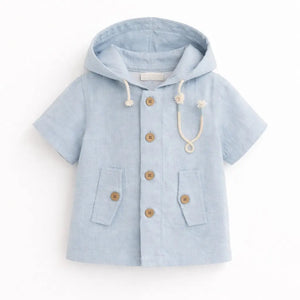 Light Blue Hooded Linen Kids Jacket – Short Sleeve Button-Front Summer Wear for Boys BloomUp