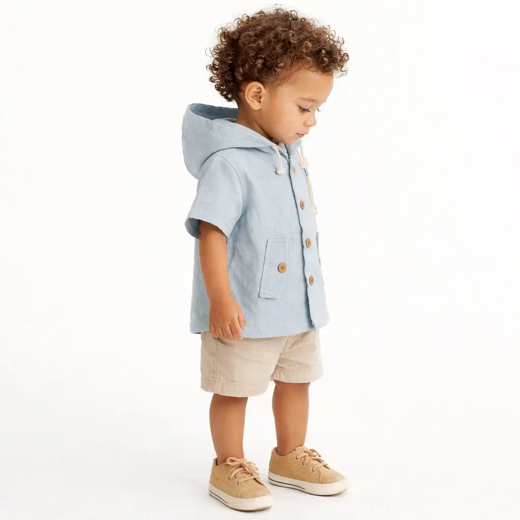 Light Blue Hooded Linen Kids Jacket – Short Sleeve Button-Front Summer Wear for Boys BloomUp