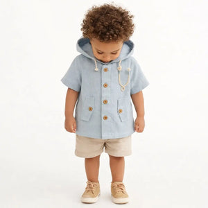 Light Blue Hooded Linen Kids Jacket – Short Sleeve Button-Front Summer Wear for Boys BloomUp