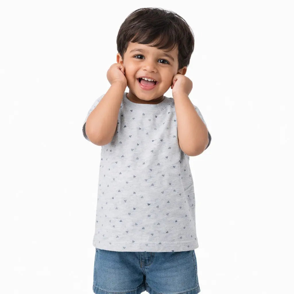 Grey Minimal All-Over Printed Kids T-Shirt – Soft Cotton Casual Summer Wear for Boys BloomUp