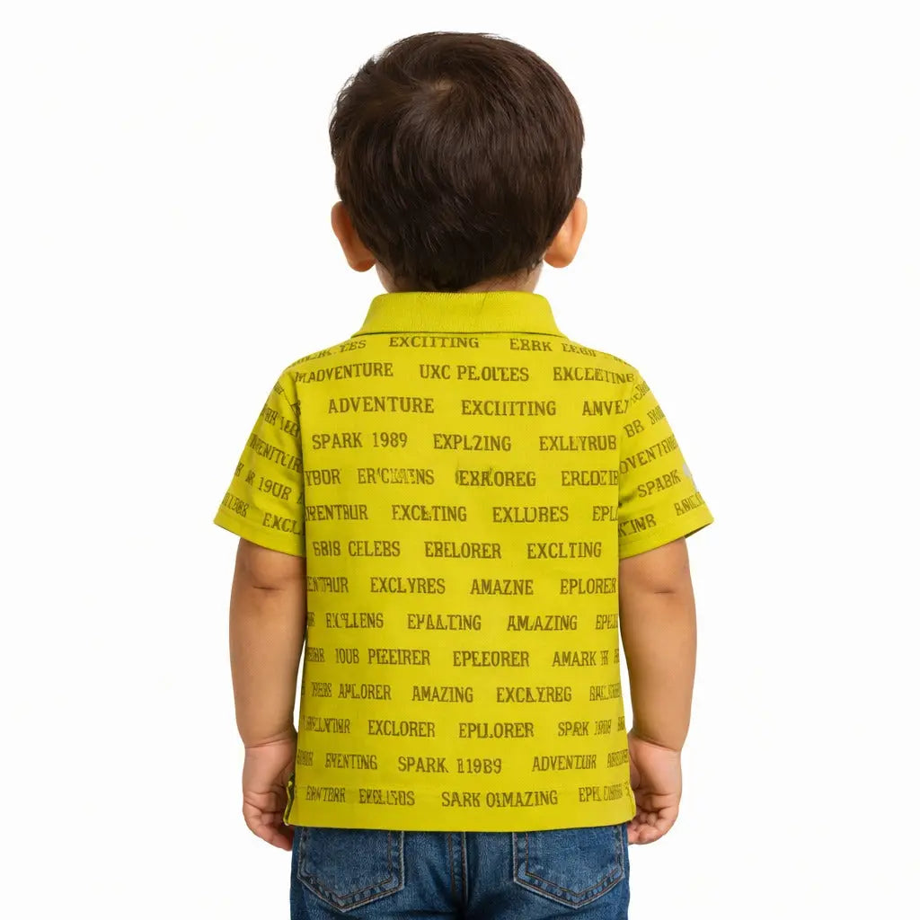 Yellow Typography Print Polo Kids T-Shirt – Soft Cotton Trendy Summer Wear for Boys BloomUp