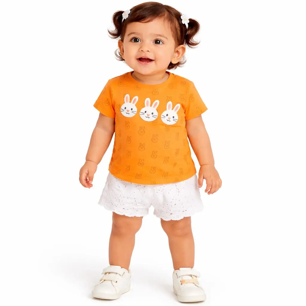 Orange Bunny Graphic Kids T-Shirt – Soft Cotton Cute Summer Wear for Girls BloomUp
