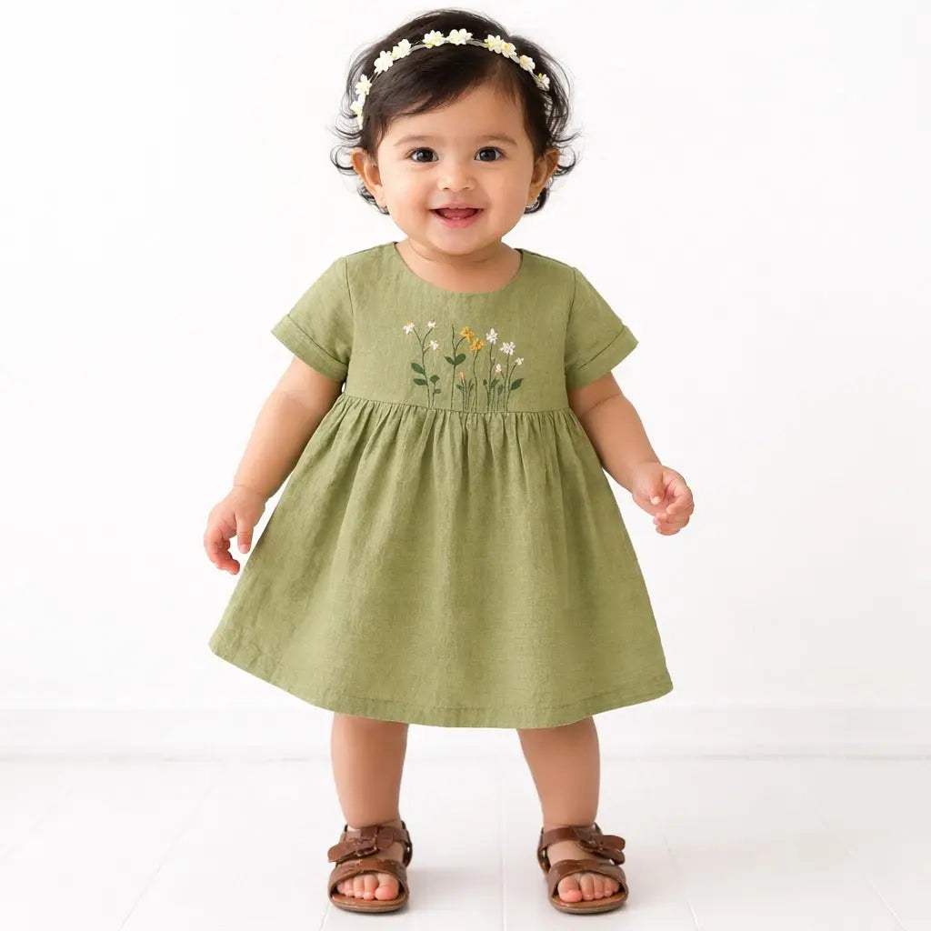 Olive Green Embroidered Kids Dress – Soft Cotton Summer Wear for Girls BloomUp