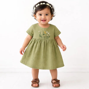 Olive Green Embroidered Kids Dress – Soft Cotton Summer Wear for Girls BloomUp