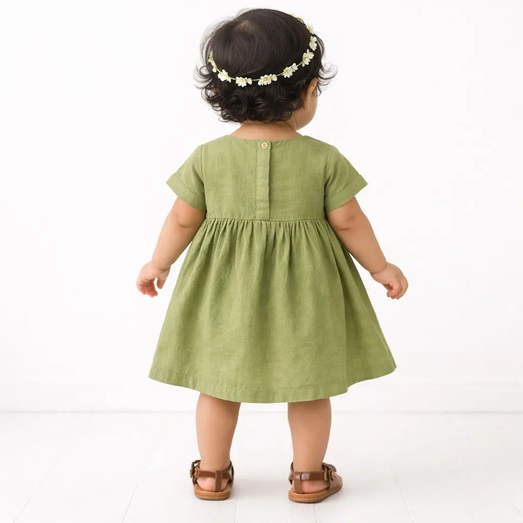Olive Green Embroidered Kids Dress – Soft Cotton Summer Wear for Girls BloomUp