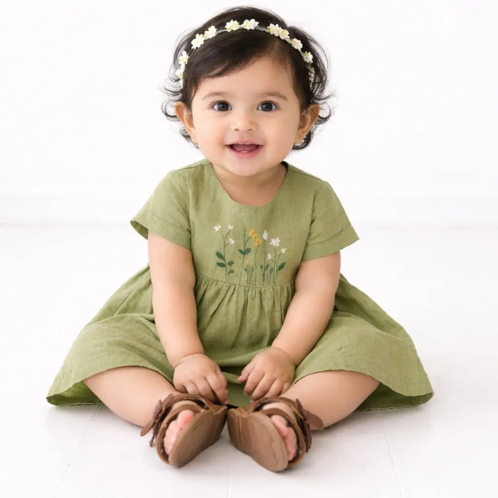Olive Green Embroidered Kids Dress – Soft Cotton Summer Wear for Girls BloomUp