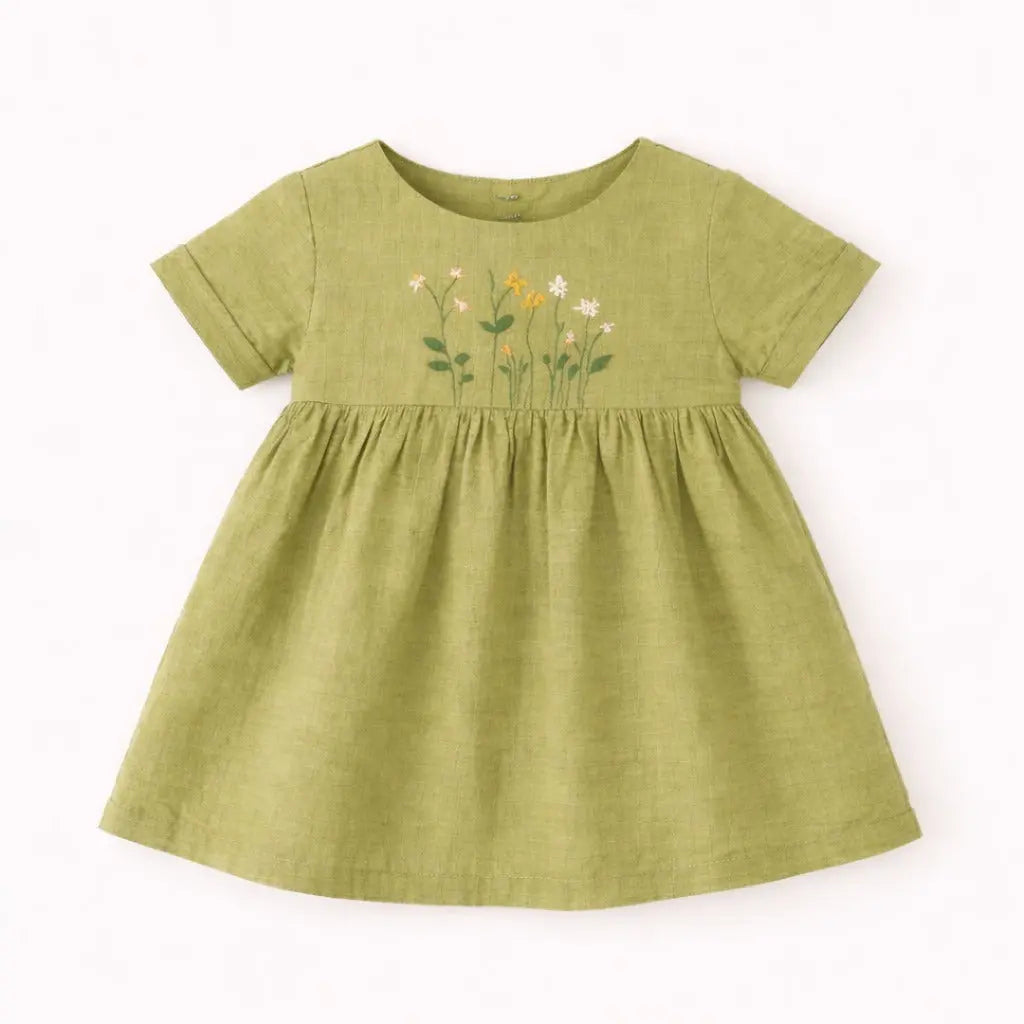 Olive Green Embroidered Kids Dress – Soft Cotton Summer Wear for Girls BloomUp