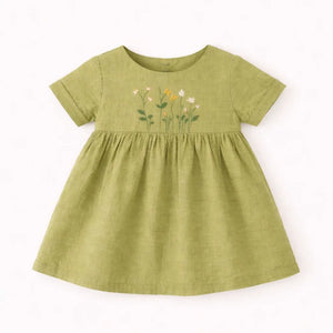 Olive Green Embroidered Kids Dress – Soft Cotton Summer Wear for Girls BloomUp