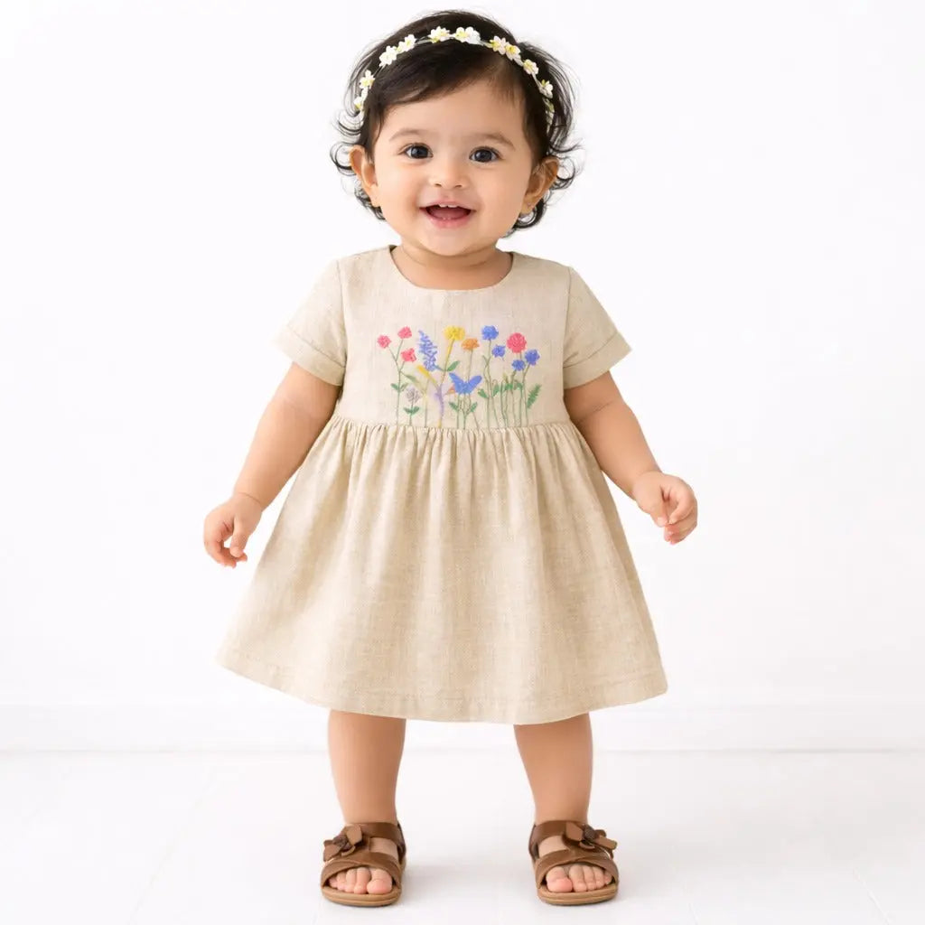 Beige Floral Embroidered Kids Dress – Soft Cotton Summer Wear for Girls BloomUp