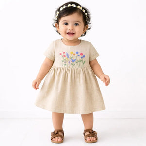 Beige Floral Embroidered Kids Dress – Soft Cotton Summer Wear for Girls BloomUp