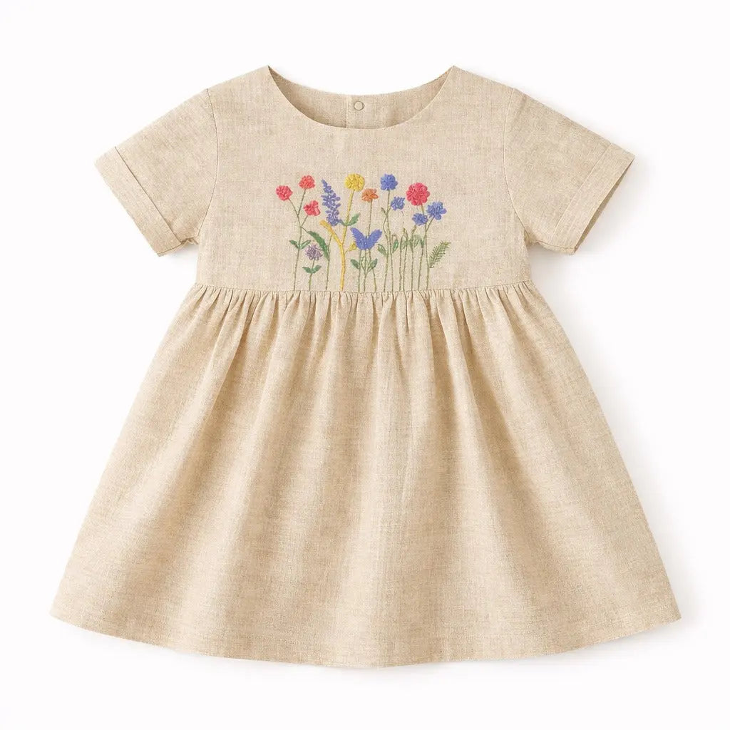 Beige Floral Embroidered Kids Dress – Soft Cotton Summer Wear for Girls BloomUp