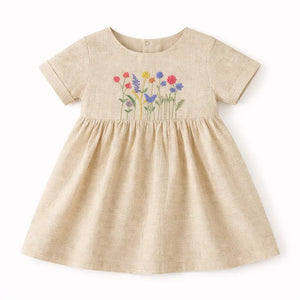 Beige Floral Embroidered Kids Dress – Soft Cotton Summer Wear for Girls BloomUp