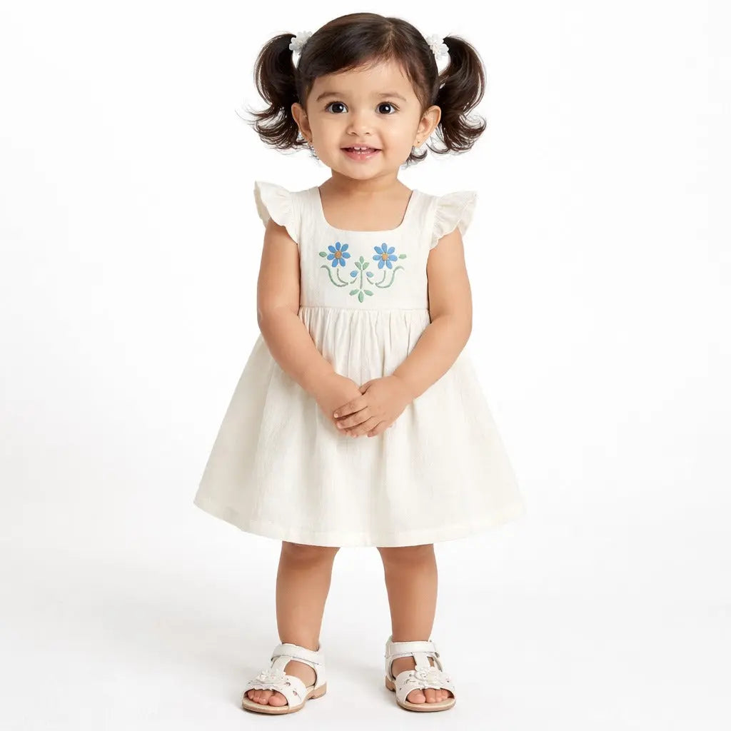 Off White Floral Embroidered Kids Dress – Soft Cotton Summer Wear for Girls BloomUp