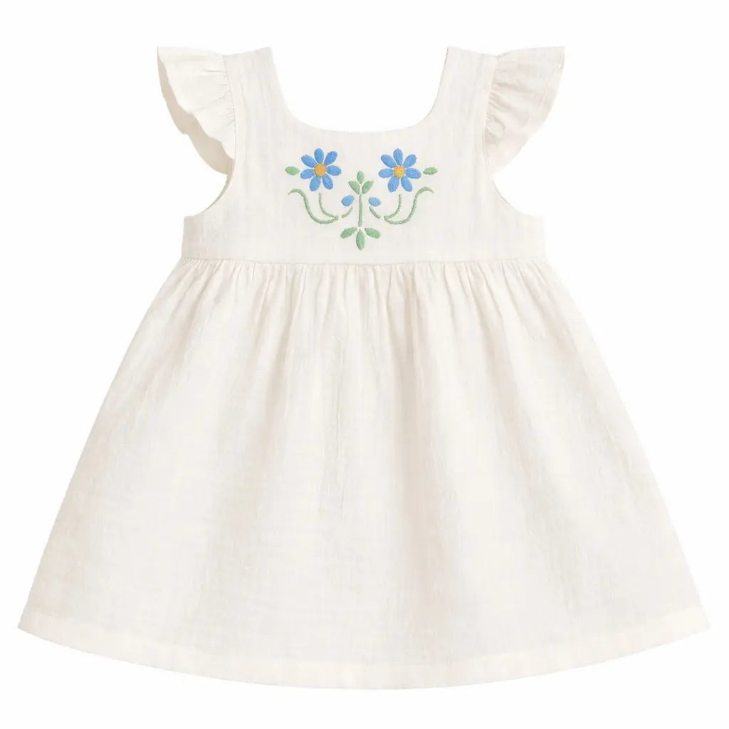 Off White Floral Embroidered Kids Dress – Soft Cotton Summer Wear for Girls BloomUp