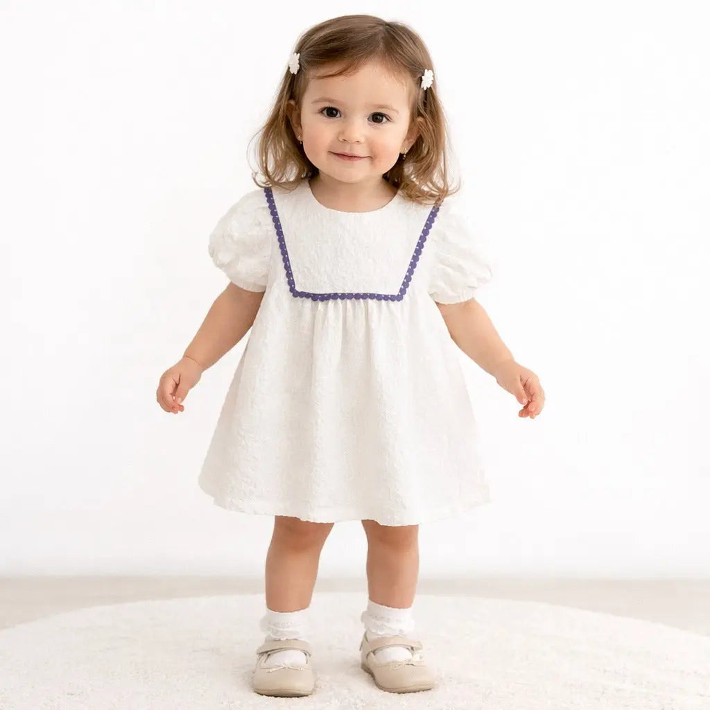 Off White Textured Kids Dress with Purple Lace Detail – Soft Cotton Summer Wear for Girls BloomUp